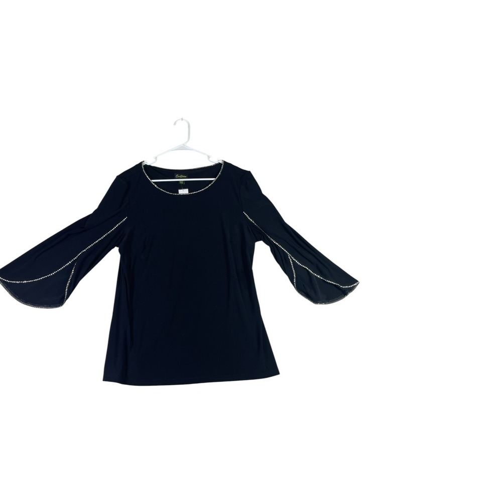 Cartise Shirt Women XL Black Stretch Rhinestones Round Neck Pullover Summer Wear
